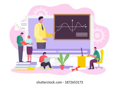 Fernunterricht. E-Learning-Banner. Online-Bildung oder Bibliothek, Hausunterricht. Konzept von Webkursen oder Tutorials. Flacher Cartoon, Vektorgrafik.