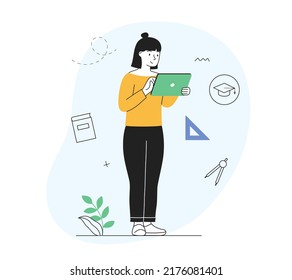 Distance education concept. Female student holding digital tablet and listening to online lecture. Learning and study. Character gains knowledge. Cartoon flat vector illustration in doodle style