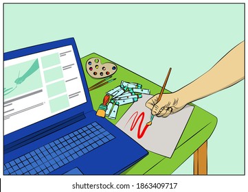 Distance education concept. Illustration of a comic book man learning to draw online, only hand visible, watching a video lesson, creative course art drawing using laptop at home.