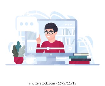 distance education concept. man on the computer screen teaches online courses, e-learning, tutorials. teacher male character gives online training, remote workshops. vector in cartoon flat style.