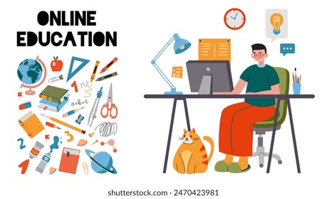 Distance education concept, man studying from home using computer, cartoon style. Online School, tutorials and courses, e-learning. Trendy vector illustration, hand drawn, flat design