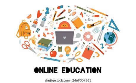 Distance education concept. Online School, Digital internet tutorials and courses, e-learning. Composition with laptop, study supplies, stationery, art tools and books. Vector cartoon illustration
