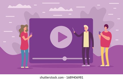 Distance education concept. People look at video screen. Metaphorical concept of distance learning and education. Element for education and learning design