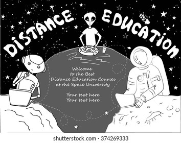Distance education concept. Scales of distance education opportunities. Education in cosmos. Astronaut, extraterrestrial being, and robot at distance course.