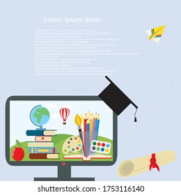 Distance education concept. Stack books on monitor screen. Metaphorical concept of distance learning and online education.Vector illustration with distance education.