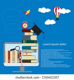 Distance education concept. Stack books on monitor screen. Metaphorical concept of distance learning and online education.Vector illustration with distance education.