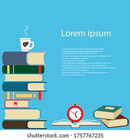 Distance education concept. Stack of colorful books with white cup of coffee or tea. Hand drawn educational vector illustration