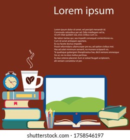 Distance education concept. Stack of colorful books with white cup of coffee or tea. Hand drawn educational vector illustration