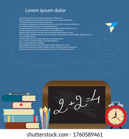 Distance education concept. Stack of colorful books with white cup of coffee or tea. Hand drawn educational vector illustration