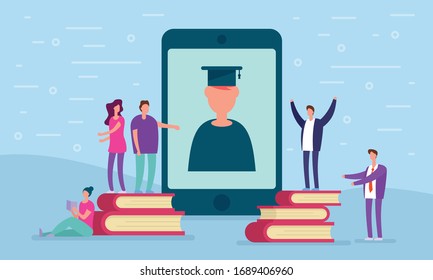  Fernunterricht. LehrerInnen studieren auf dem Telefonbildschirm online um die Menschen lernen und um Bücher herum. Metaphorisches Konzept des Fernunterrichts und der Online-Bildung.