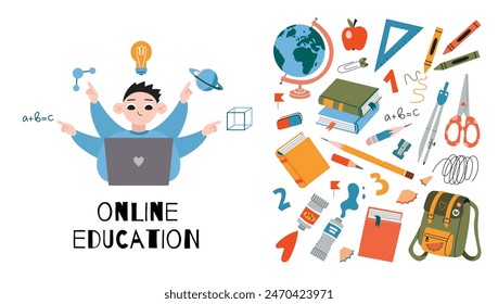 Distance education concept, Teenage boy with many arms using laptop to study, cartoon style. Online School, tutorials and courses, e-learning. Trendy vector illustration, hand drawn, flat design