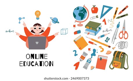 Distance education concept, Teenage girl with many arms using laptop to study, cartoon style. Online School, tutorials and courses, e-learning. Trendy vector illustration, hand drawn, flat design