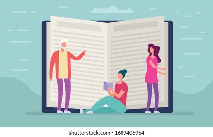 Distance education concept. Vector illustration with people beside open book. Element for education and learning design