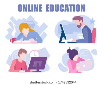 Concepto de educación a distancia. Vector de estudiantes entrenando cursos, aprendiendo, viendo tutoriales en línea