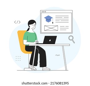 Distance education concept. Woman listens to online course on laptop. Student preparing for exams or doing project for diploma. Learning and study. Cartoon flat vector illustration in doodle style