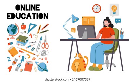 Distance education concept, woman studying from home using computer, cartoon style. Online School, tutorials and courses, e-learning. Trendy vector illustration, hand drawn, flat design