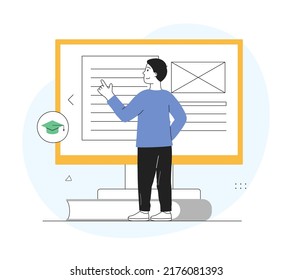 Distance education concept. Young man stands in front of large computer screen and makes project for diploma. Online course, lecture or webinar. Cartoon flat vector illustration in doodle style