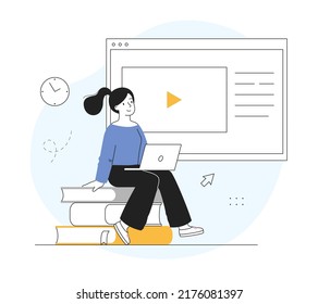 Distance education concept. Young woman with laptop watching online webinar or lesson on internet. Student sits on books and prepares project. Cartoon flat vector illustration in doodle style