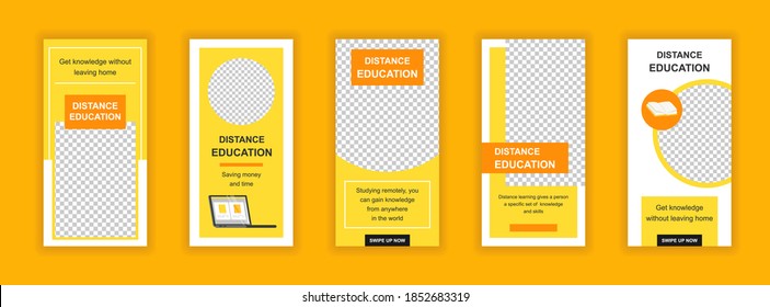 Distance education editable templates set for stories. Online learning, training and courses layouts. Design for social networks. Story mockup with free copy space vector illustration.