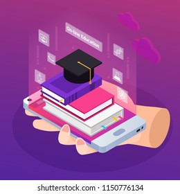 Distance education e-learning degrees advertising glow isometric composition with textbooks on smartphone in hand vector illustration 