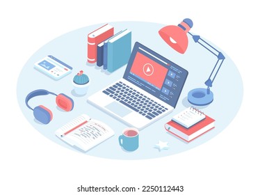 Distance education E-learning. Online courses, lessons, webinars, video tutorials. Vector illustration in 3d design. Isometric web banner.	
