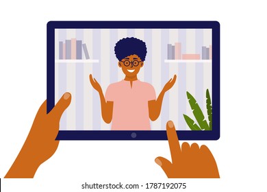 Distance education, e-learning and online video courses concept. Hands hold digital tablet with talking female teacher. Student studying remotely. Webinar, internet lesson class vector illustration.