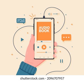 	
Distance education e-learning, podcast, webinar, tutorial. Smartphone in hand with audio book app interface on its screen. Listen literature, e-books in audio format. 
