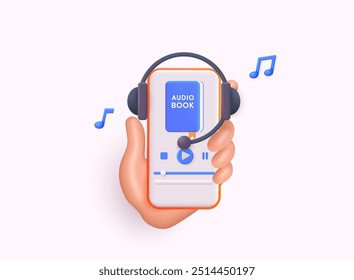 Distance education e-learning, podcast, webinar, tutorial. Smartphone in hand with audio book app interface on its screen. 3D Web Vector Illustrations.