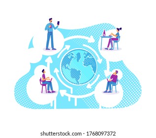 Distance education flat concept vector illustration. Online mentoring. University remote classes. Students and teacher 2D cartoon characters for web design. E learning creative idea