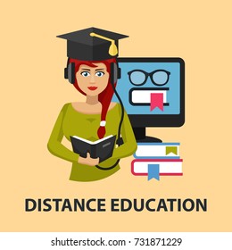 Distance education flat concept. Vector illustration. Element template for design.