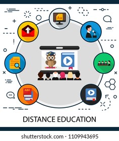 Distance education flat icons concept. Vector illustration. Element template for design.