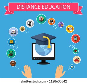 Distance education flat icons concept. Vector illustration. Element template for design.