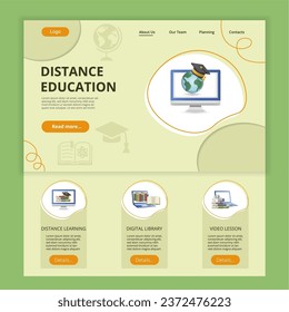 Distance education flat landing page website template. Distance learning, digital library, video lesson. Web banner with header, content and footer. Vector illustration.