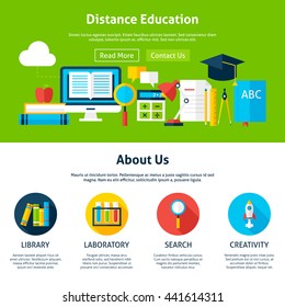 Distance Education Flat Web Design Template. Vector Illustration for Website banner and landing page. Header with Online Learning Icons Modern Design.