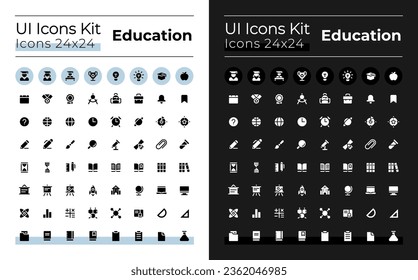 Distance education glyph ui icons set for dark, light mode. E-learning. Silhouette symbols for night, day themes. Solid pictograms. Vector isolated illustrations. Montserrat Bold, Light fonts used