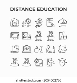 Distance education icon design. Online lesson by video conference, studying at home during pandemic vector icons. Home quarantine distance learning, e-learning online courses, online education, business