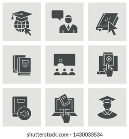 Distance education icons. Set of graduation cap, training, laptop, learn online, webinar symbols.