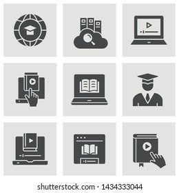 Distance education icons. Set of graduation cap, training, laptop, learn online, webinar symbols.