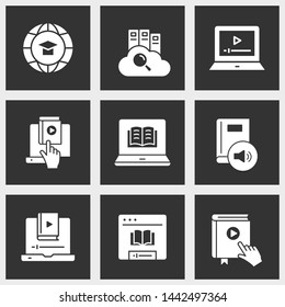 Distance education icons. Set of graduation cap, training, laptop, learn online, webinar symbols.