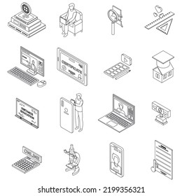 Distance education icons set. Isometric set of distance education vector icons outline thin lne isolated on white