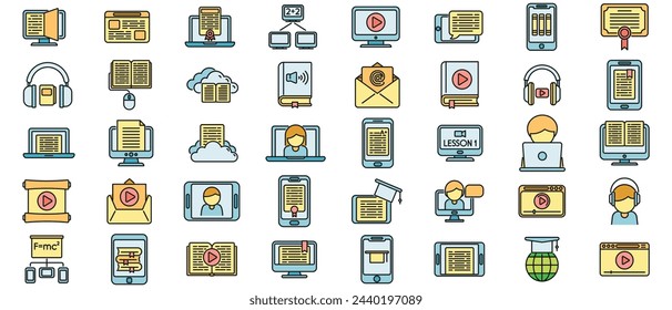 Distance education icons set outline vector. Online home class. Education learn thin line color flat isolated