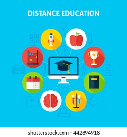Distance Education Infographic Concept. Vector Illustration of Web Tutorials Infographics Circle with Computer Monitor and Circle Icons. Flat Design and Outline.