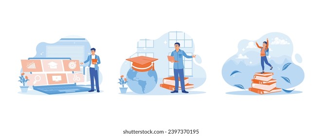 Distance education internet technology. Graduation hat over globe map. Education concept. set trend modern vector flat illustration