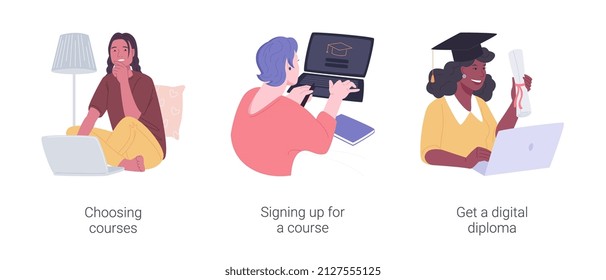 Distance Education Isolated Cartoon Vector Illustrations Set. Choosing Online Course, Signing Up For A Distance Learning, Get A Digital Diploma, Online Degree Certificate, Enrollment Vector Cartoon.