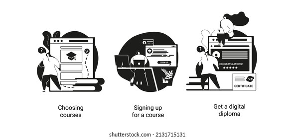 Fernunterricht einzelne Cartoon-Vektorgrafiken-Set. Online-Kurs wählen, sich für Fernunterricht anmelden, ein digitales Diplom, Online-Diplom, Einschreibevektorkartoon erhalten.