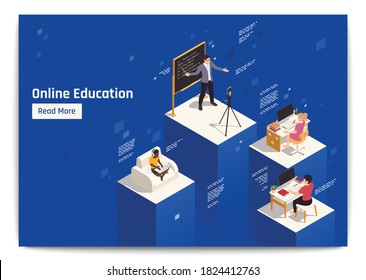 Distance education isometric composition with teacher explaining information online and students studying using their computers 3d vector illustration