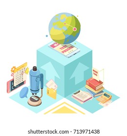Distance education isometric design with globe, mobile device on blue cube, books, microscope and calculator  vector illustration