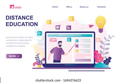 Distance education landing page template. E-learning, home schooling. Man tutor or teacher on display. Web courses or tutorials concept. Online education platform, application.Flat Vector illustration