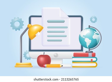 Distance education landing page template. E-learning banner. Online education or library, home schooling. Modern workplace, Web courses or tutorials concept. 3d realistic vector illustration.