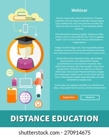 Distance education and learning. Online courses webinare and web school. Knowledge and information. Study process. E-learning concept. Banners in flat design with place for text